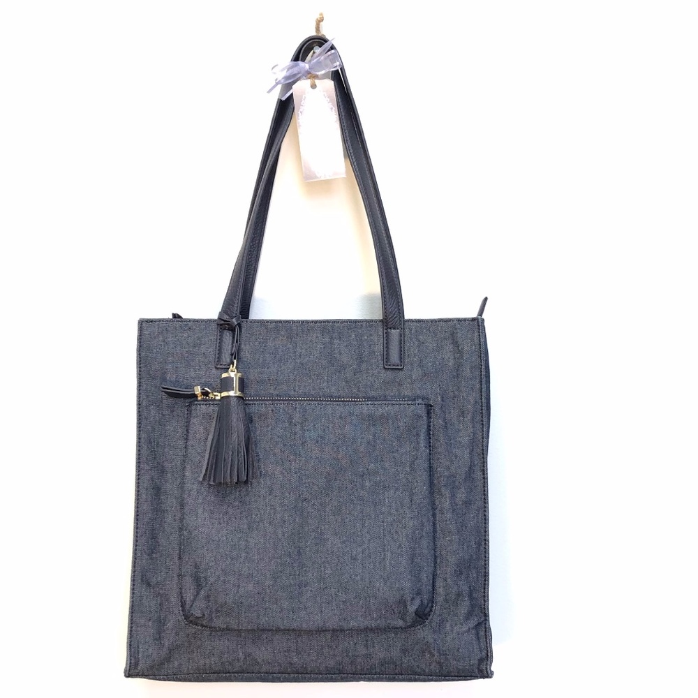 Talbots I Navy Denim & Leather Tote with Tassel